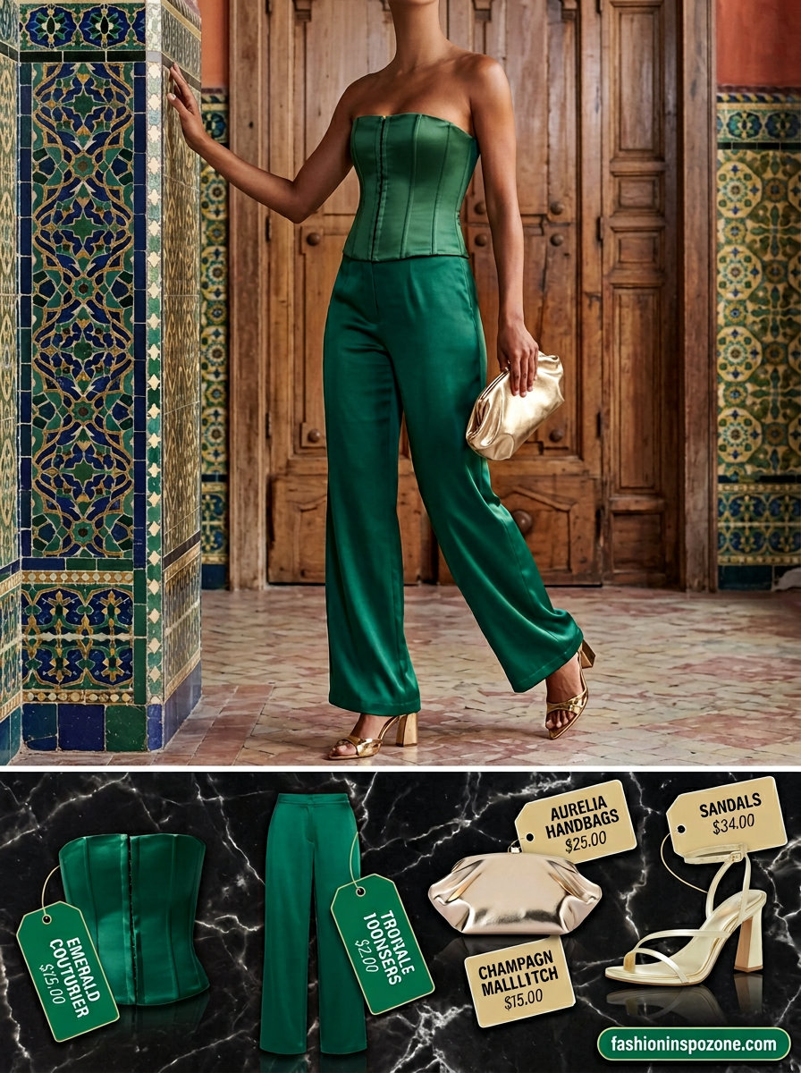 What to wear with corset top summer 2026: Emerald green corset, matching pants for a formal event.
