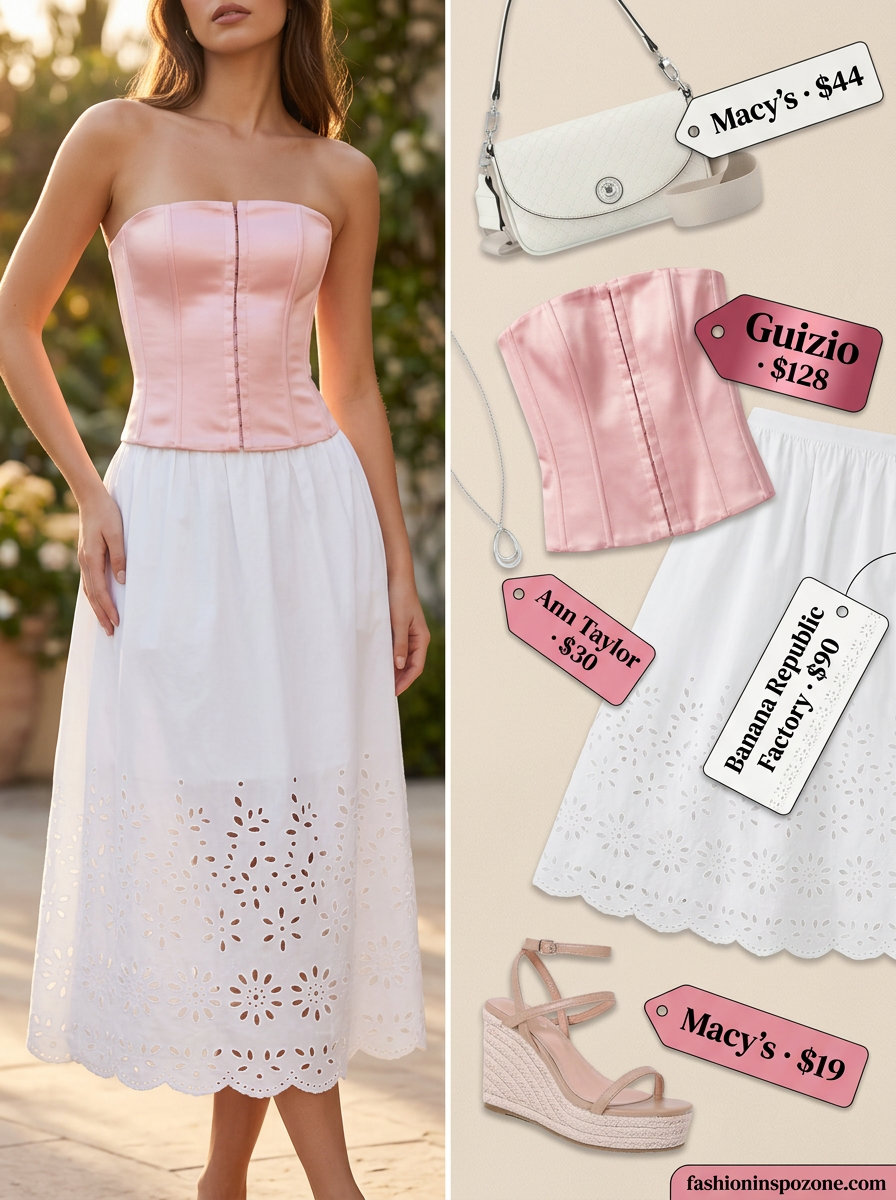 Pastel pink corset top with white eyelet midi skirt for summer dates 2026. Feminine & romantic.