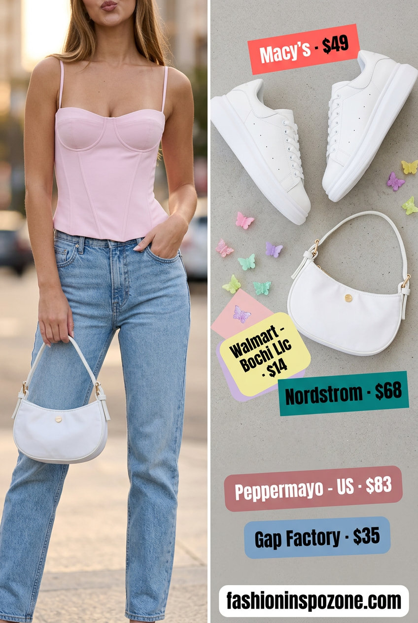 Pastel pink corset top with light wash denim jeans for a retro casual look 2026.