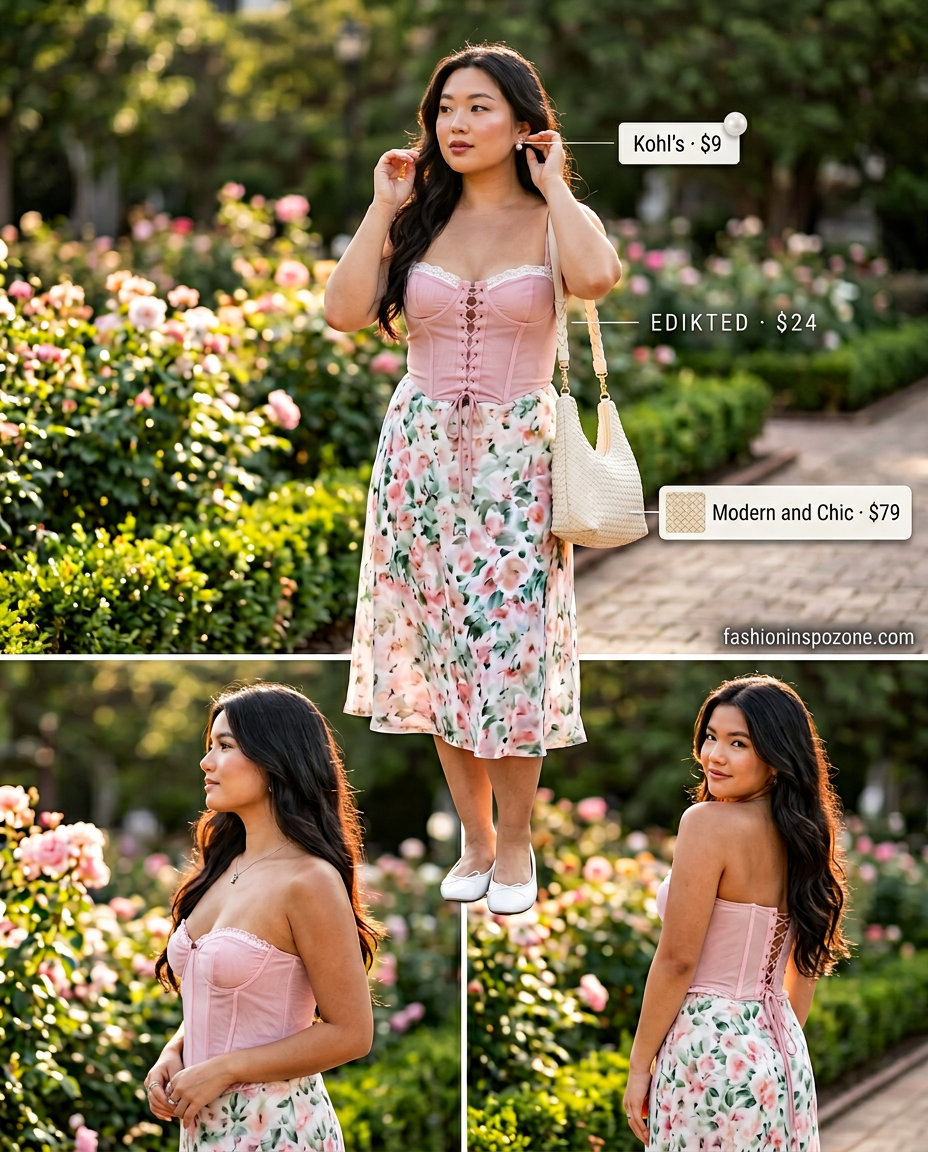 Playful pastel pink corset top with floral midi skirt and ballet flats for summer brunch 2026.
