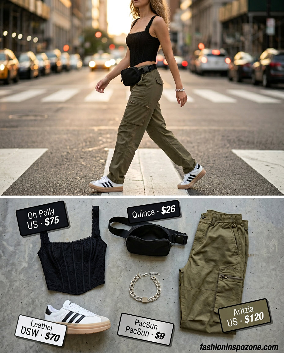 What to wear with corset top summer 2026: Black corset, khaki cargo pants, chunky sneakers for street style.