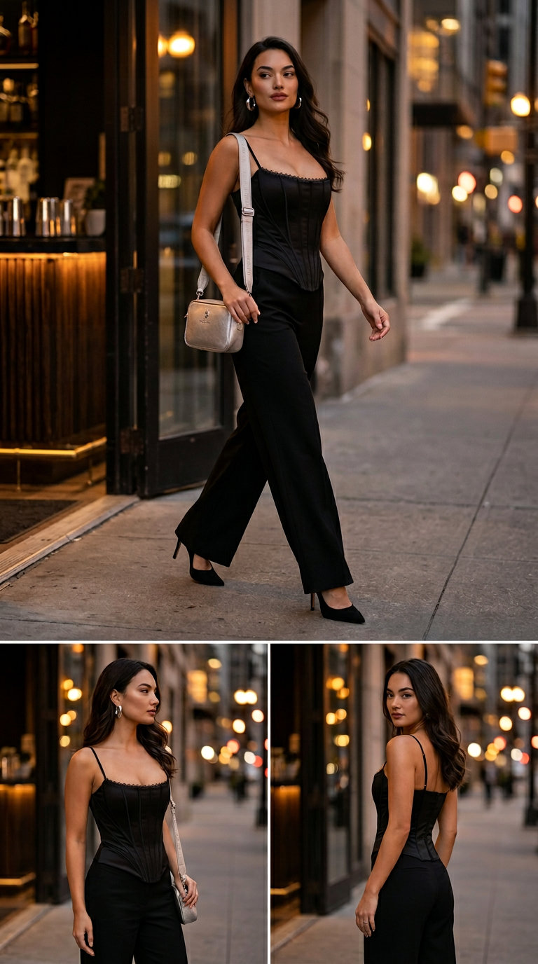 What to wear with corset top summer 2026: Black satin corset, wide-leg trousers for evening out.