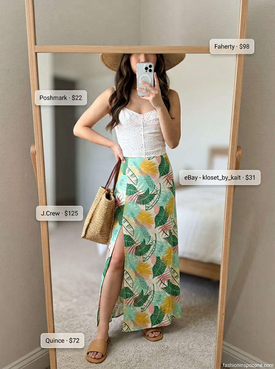 White eyelet corset top with a tropical print maxi skirt for a breezy vacation look 2026.
