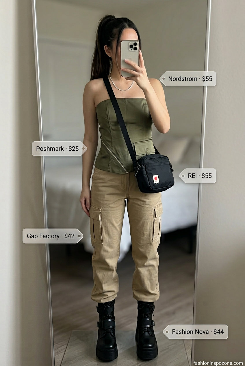Utility chic olive green corset top with cargo pants, combat boots, and crossbody bag for street style 2026.