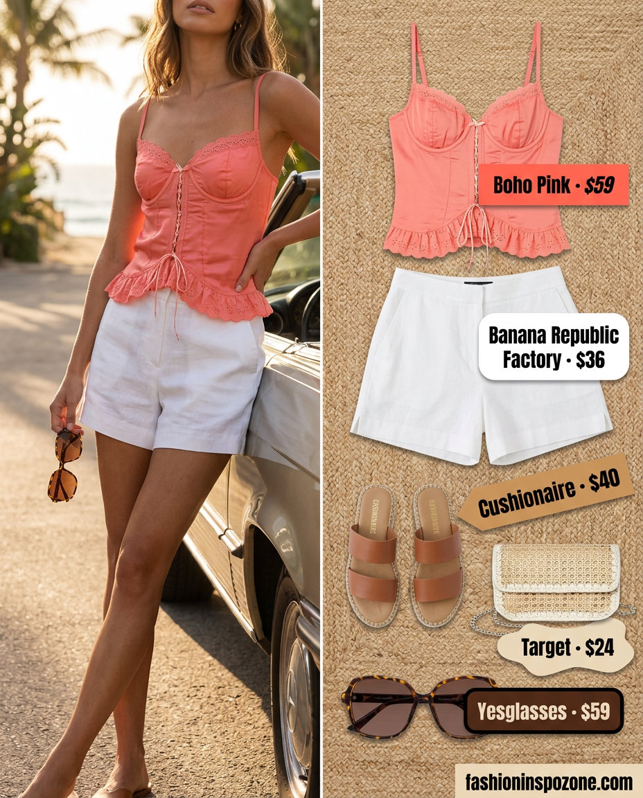 What to wear with corset top summer 2026: Coral corset, white shorts for vacation.