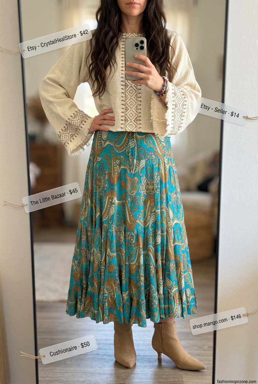 What to Wear with Kitten Heels Summer 2026: Boho maxi skirt, peasant blouse, suede ankle boots for festival.