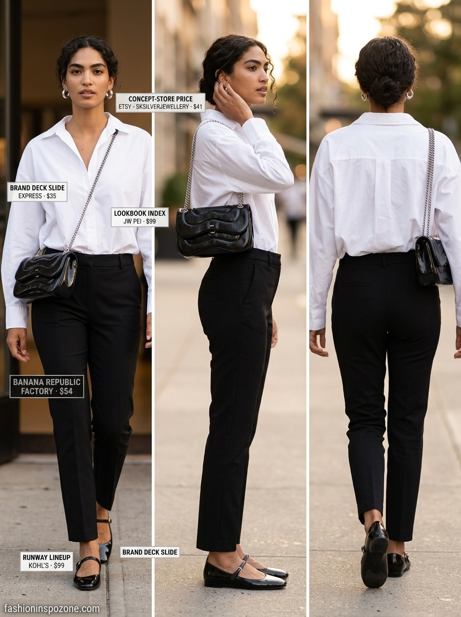 Chic city outfit with black trousers, white shirt, silver hoops, and kitten heels. What to Wear with Kitten Heels Summer 2026.