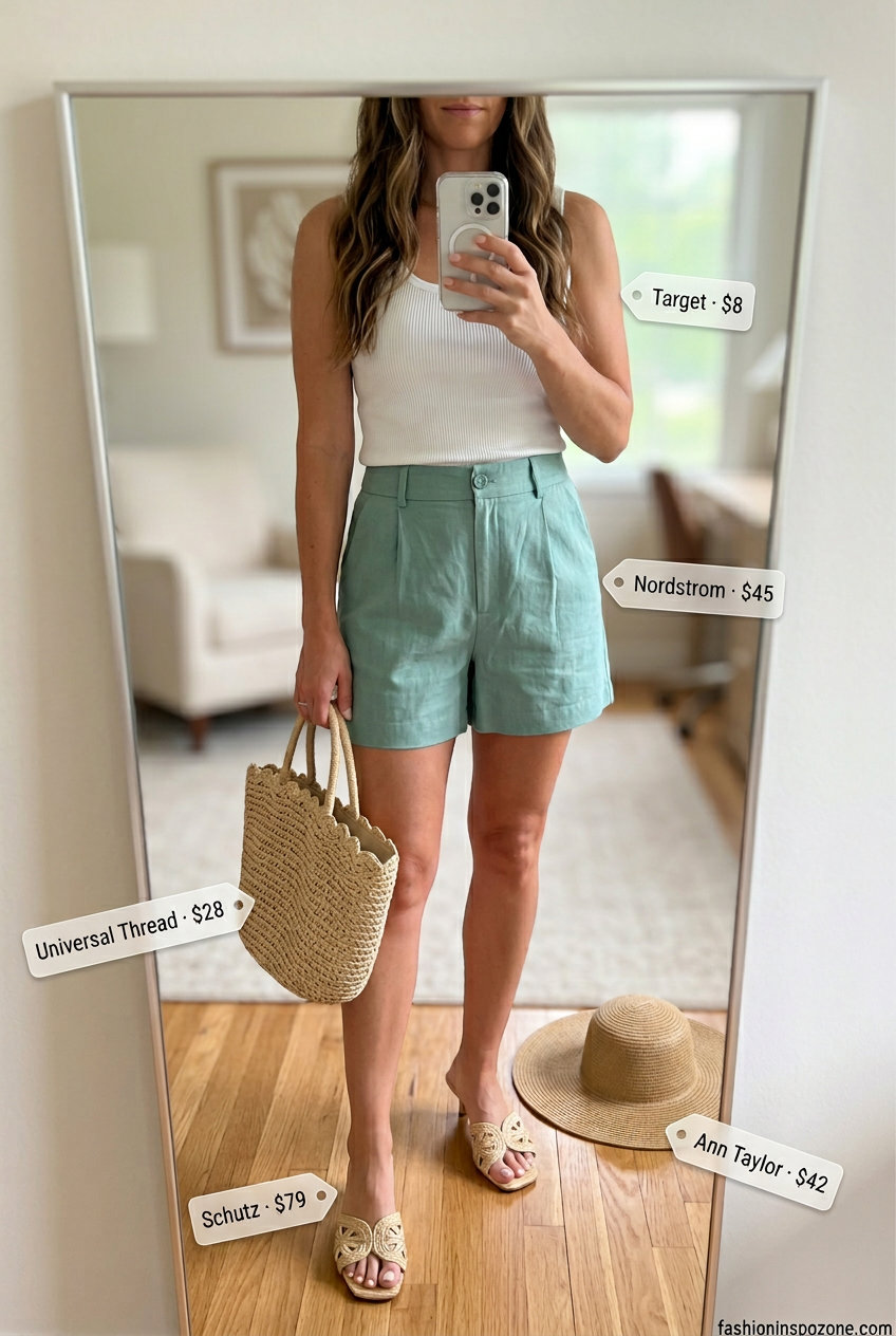 Coastal casual outfit with seafoam green linen shorts, white knit top, and raffia kitten heels. What to Wear with Kitten Heels Summer 2026.