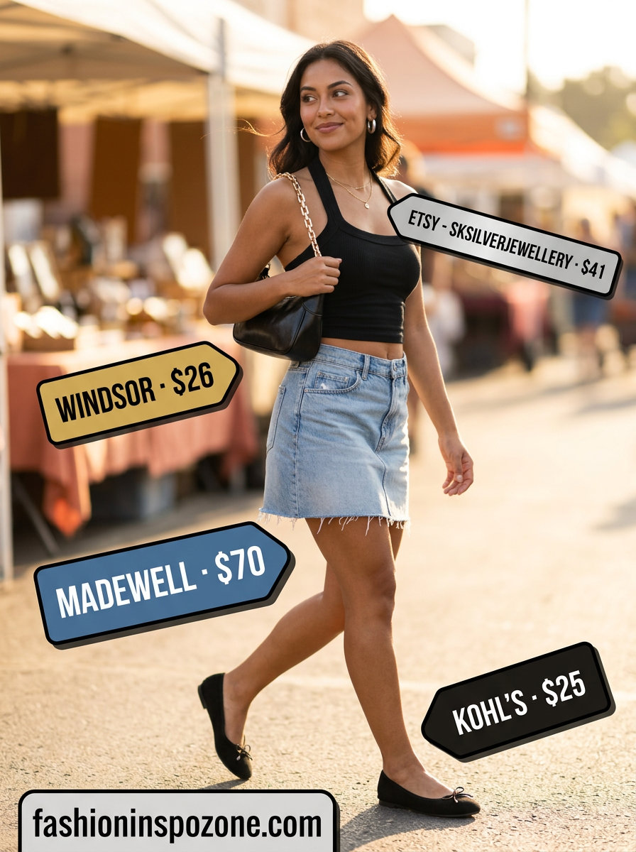 What to Wear with Kitten Heels Summer 2026: Denim mini skirt, halter top, silver hoops for Y2K style.