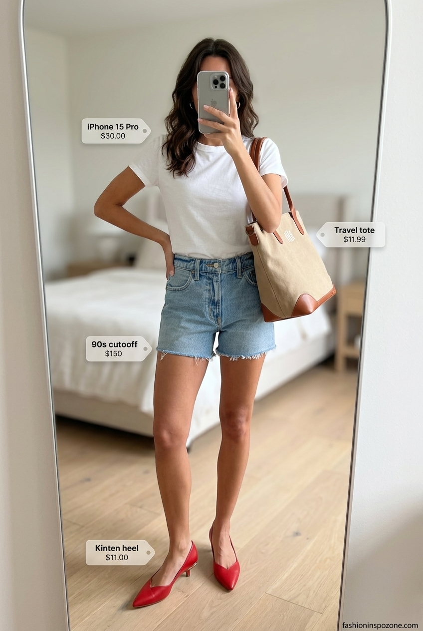 Casual cool outfit with denim shorts, white tee, silver hoops, and kitten heels. What to Wear with Kitten Heels Summer 2026.
