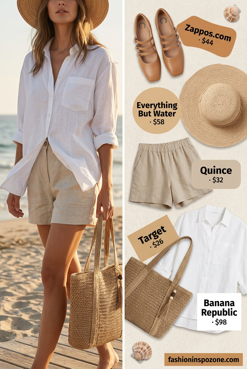 Casual summer outfit with linen shorts, oversized linen shirt, and straw tote. What to wear with kitten heels summer 2026.