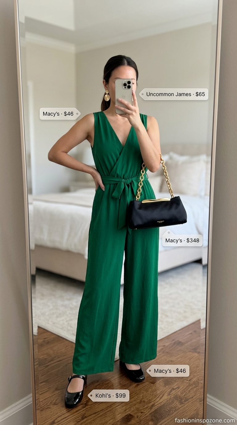 Elegant emerald green jumpsuit with statement gold earrings and kitten heels. What to Wear with Kitten Heels Summer 2026.