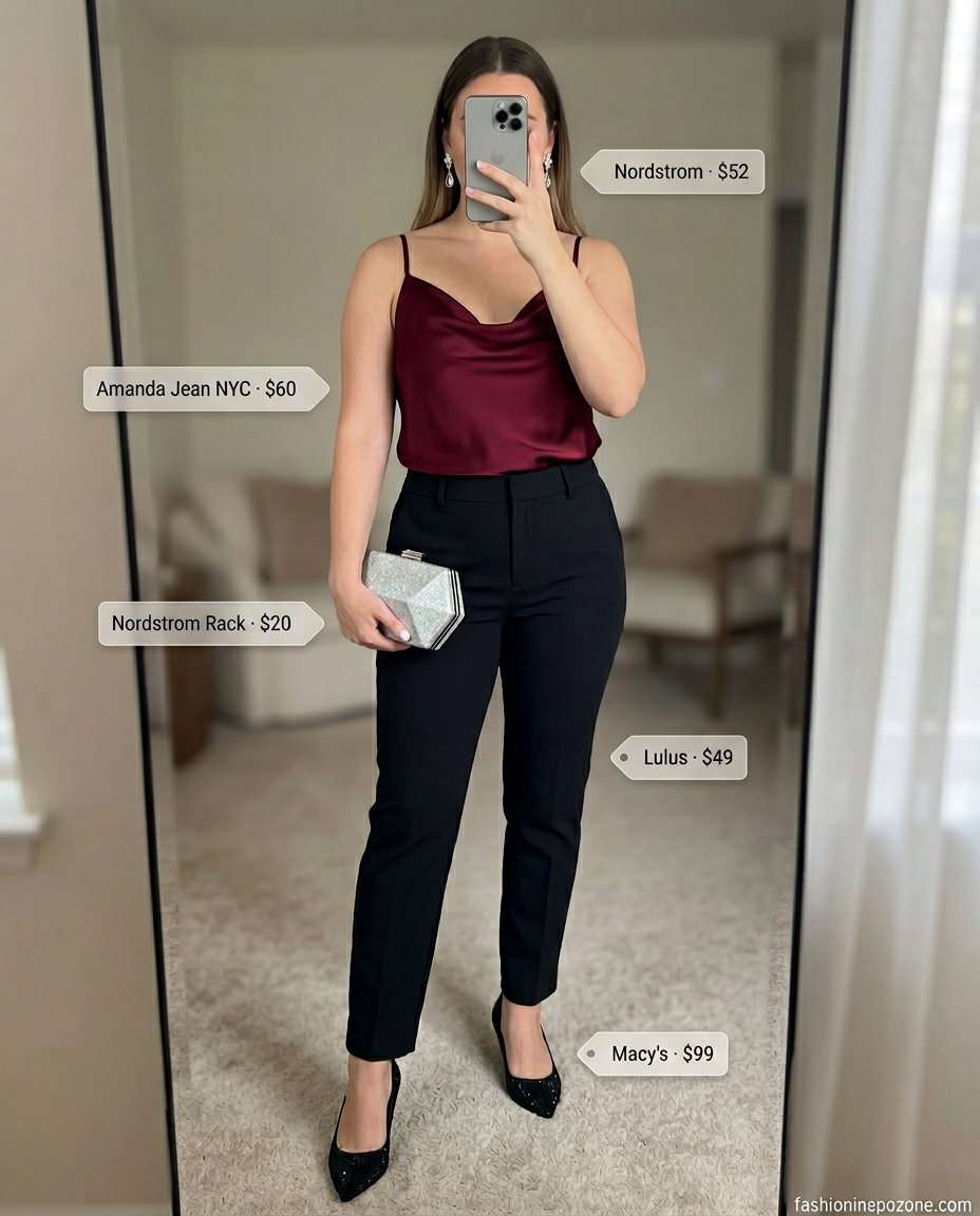Elegant evening look with black trousers, burgundy silk cami, and black kitten heel pumps. What to wear with kitten heels summer 2026.
