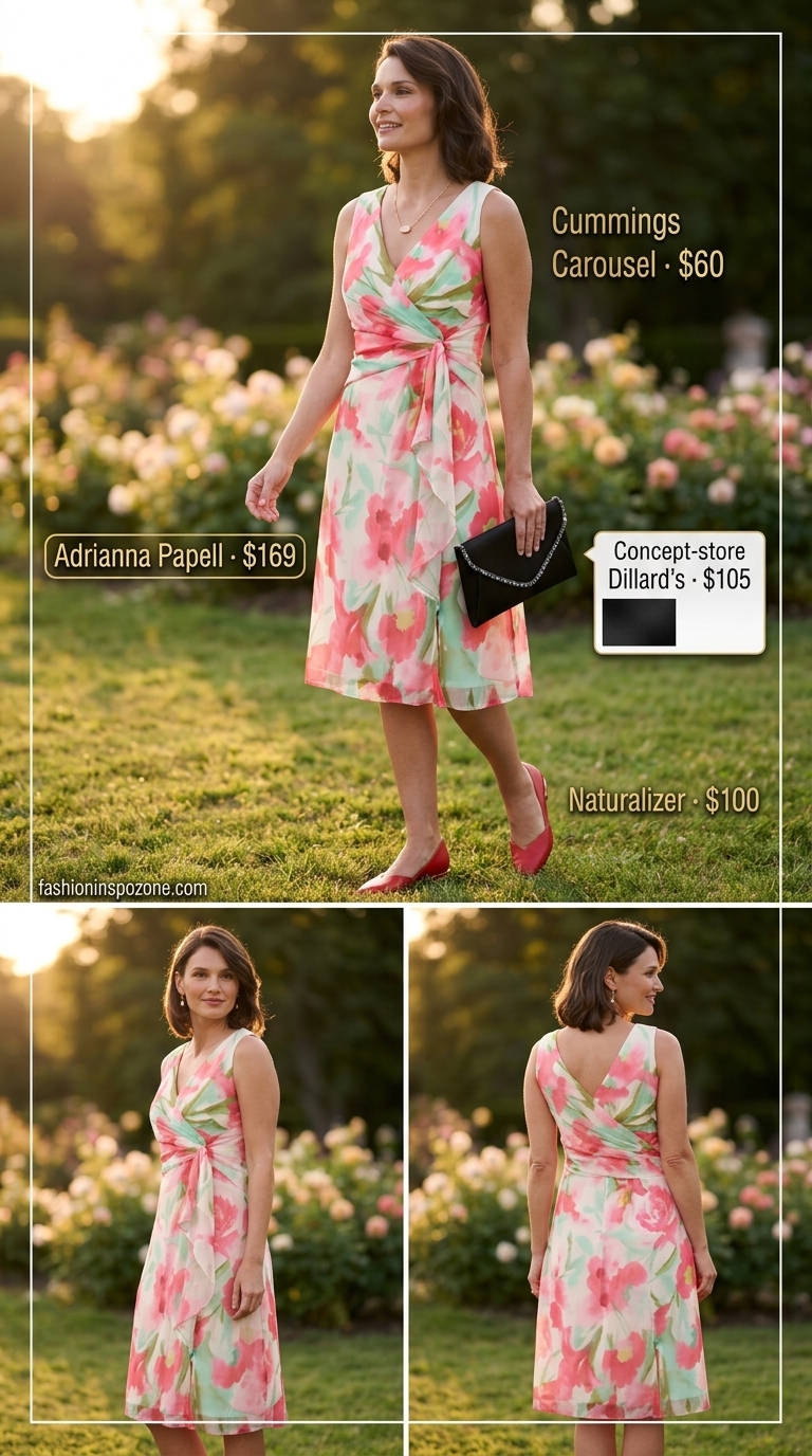 Romantic summer dress with floral print, gold necklace, and kitten heels. What to Wear with Kitten Heels Summer 2026.