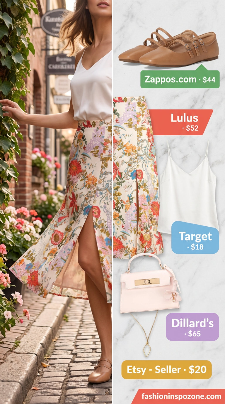 What to Wear with Kitten Heels Summer 2026: Floral midi skirt, white camisole, pink bag for garden party.