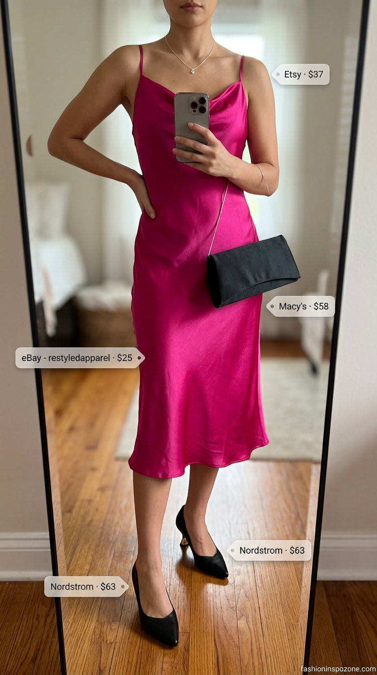 What to Wear with Kitten Heels Summer 2026: Fuchsia slip dress, black kitten heels, silver necklace for date night.