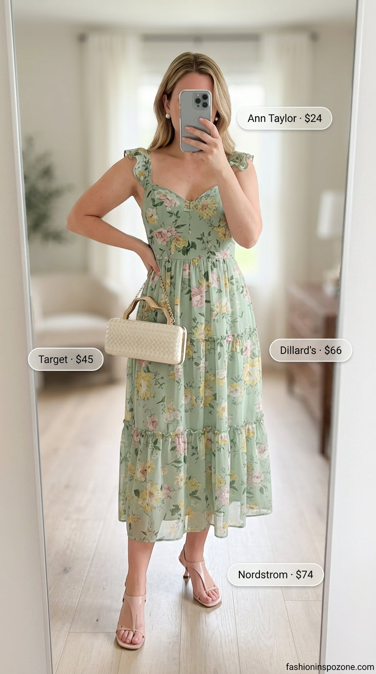 Garden party outfit with floral midi dress and dusty rose kitten heel sandals. What to wear with kitten heels summer 2026.