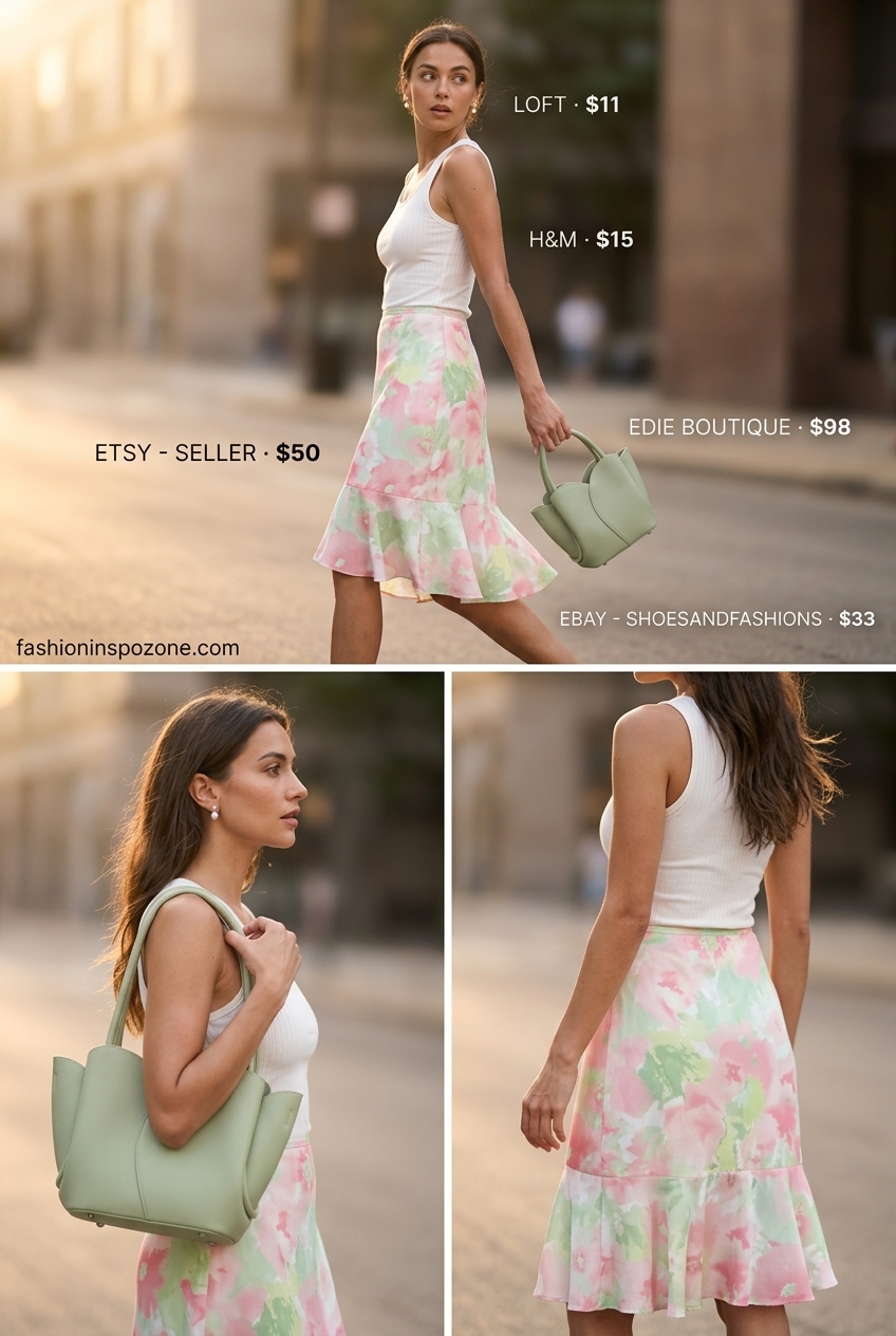 Garden party outfit with a floral midi skirt, white knit top, and kitten heels. What to Wear with Kitten Heels Summer 2026.