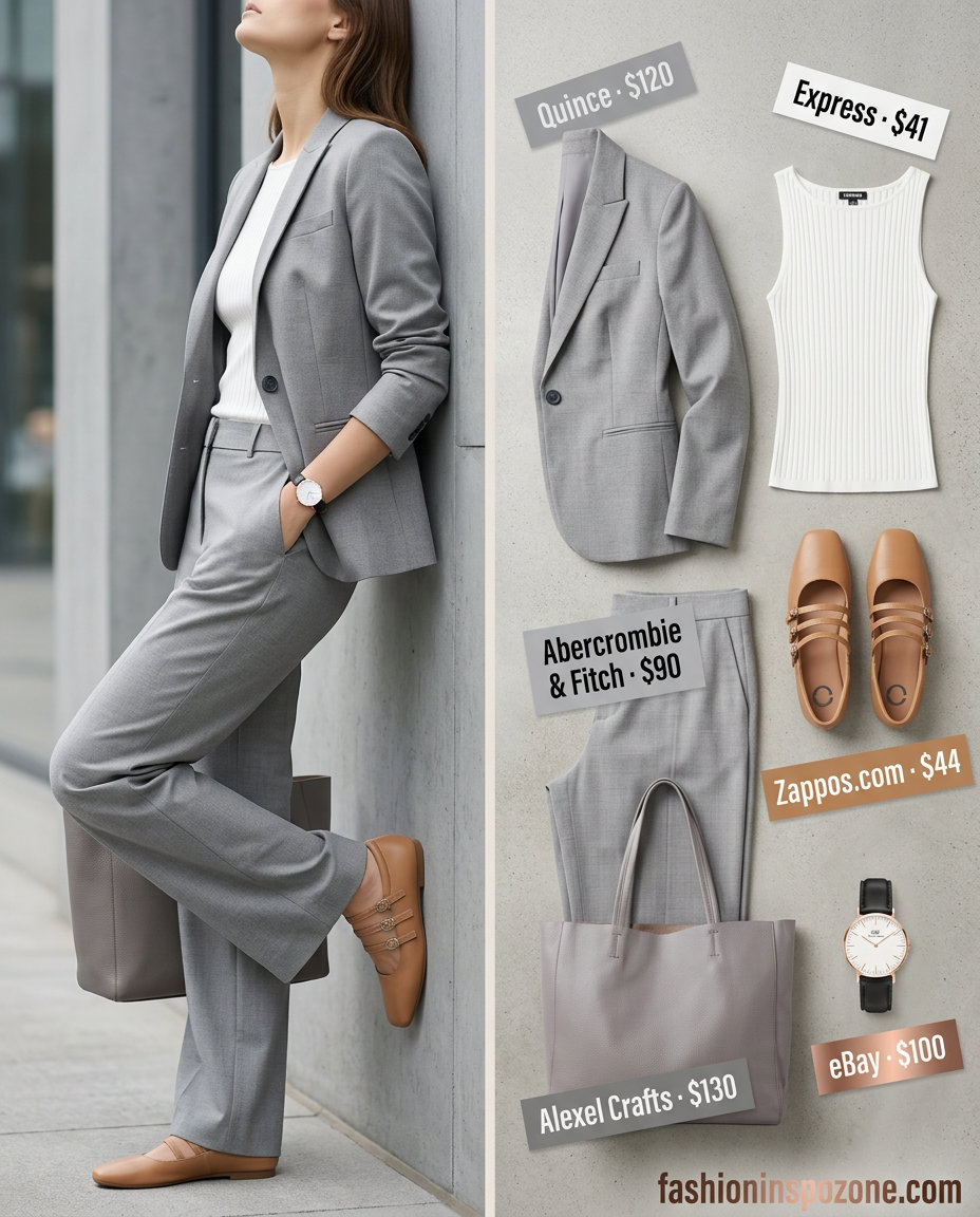 What to Wear with Kitten Heels Summer 2026: Grey trousers, blazer, white top for office wear.