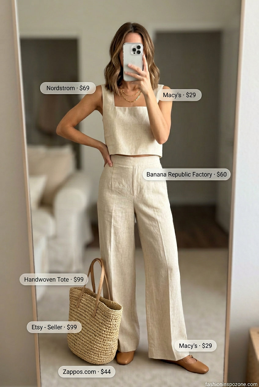 What to Wear with Kitten Heels Summer 2026: Beige linen pants, cream top, straw tote for casual getaway.
