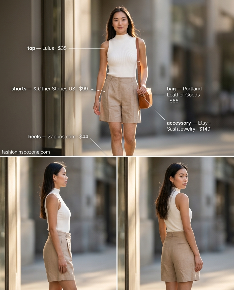 Modern minimalist outfit with beige linen shorts, white mock neck top, and kitten heels. What to Wear with Kitten Heels Summer 2026.