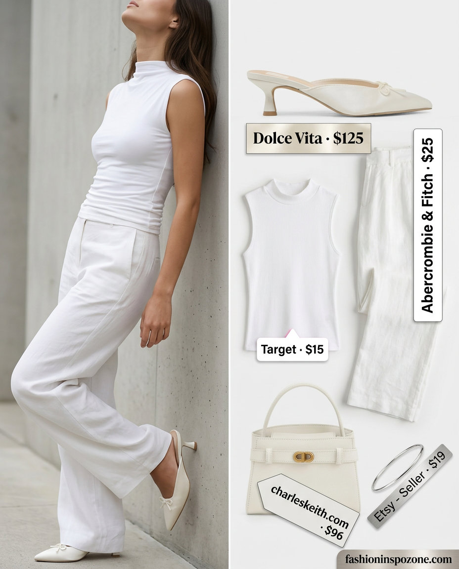 Chic monochrome outfit with white wide-leg trousers, mock neck top, and white kitten heel pumps. What to wear with kitten heels summer 2026.