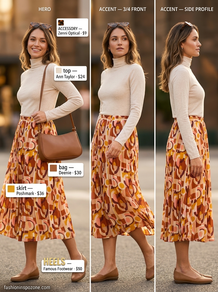 Retro chic outfit with pleated skirt, turtleneck top, and tortoiseshell sunglasses. What to wear with kitten heels summer 2026.