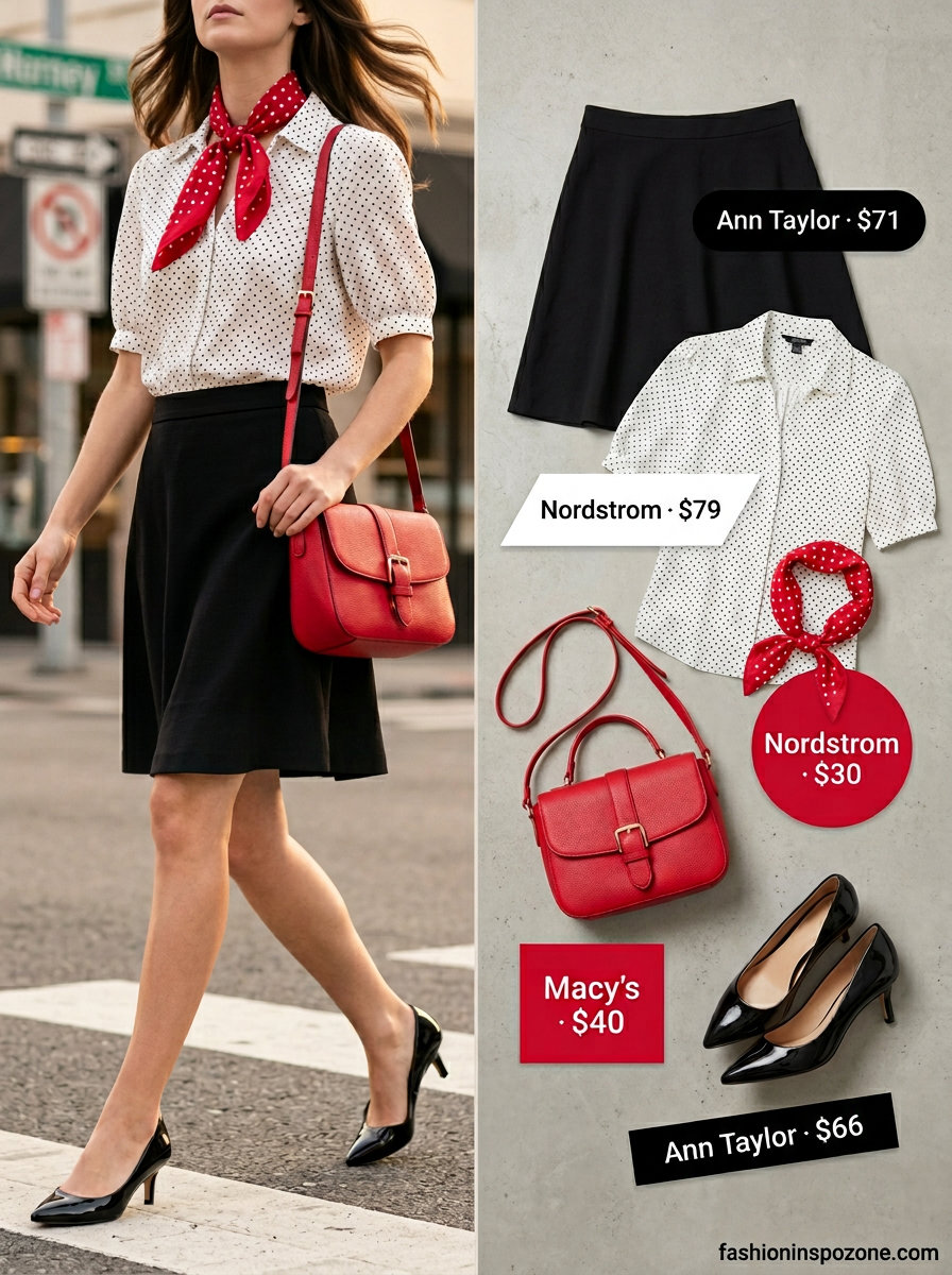 Retro outfit with polka dot blouse, midi skirt, and black kitten heels. What to wear with kitten heels summer 2026.