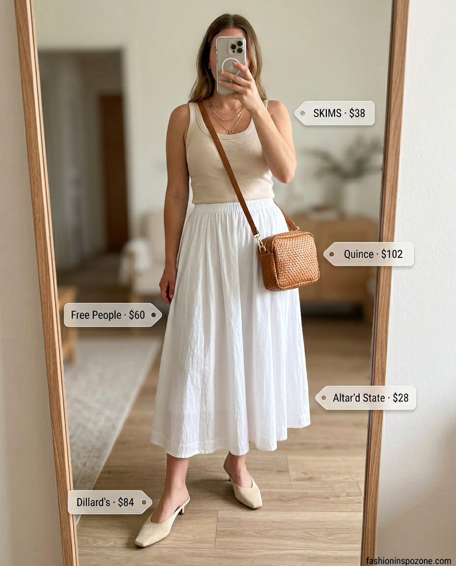 Effortless summer evening outfit with midi skirt, ribbed tank, and nude kitten heel mules. What to wear with kitten heels summer 2026.