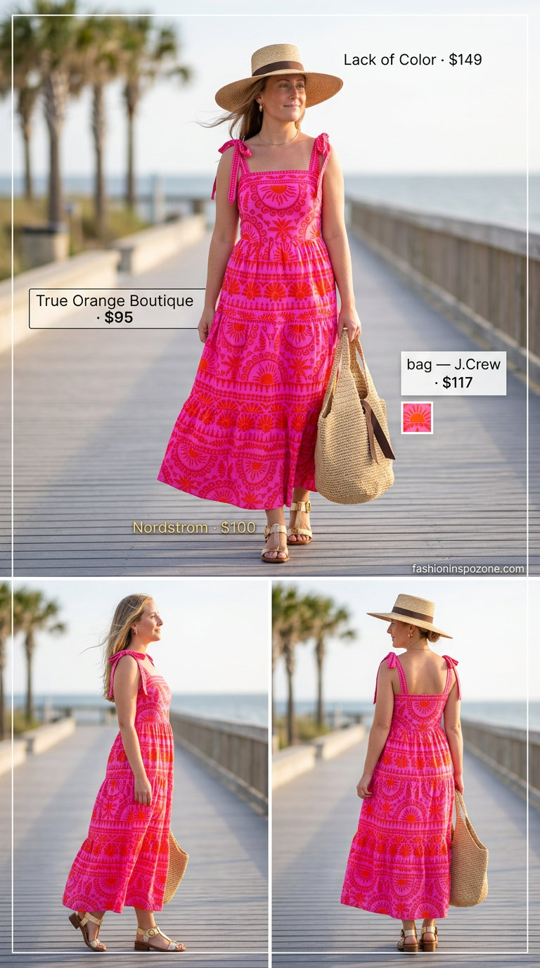 What to Wear with Kitten Heels Summer 2026: Tropical maxi dress, straw hat, tote bag for vacation.
