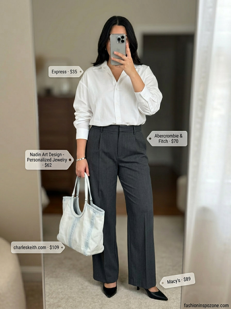 Polished urban outfit with wide-leg trousers, crisp shirt, and black kitten heels. What to wear with kitten heels summer 2026.
