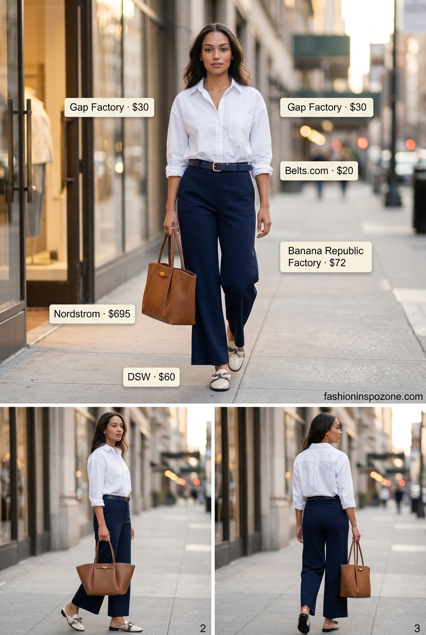 Urban workwear with navy wide-leg trousers, white shirt, and tan leather tote with kitten heels. What to Wear with Kitten Heels Summer 2026.