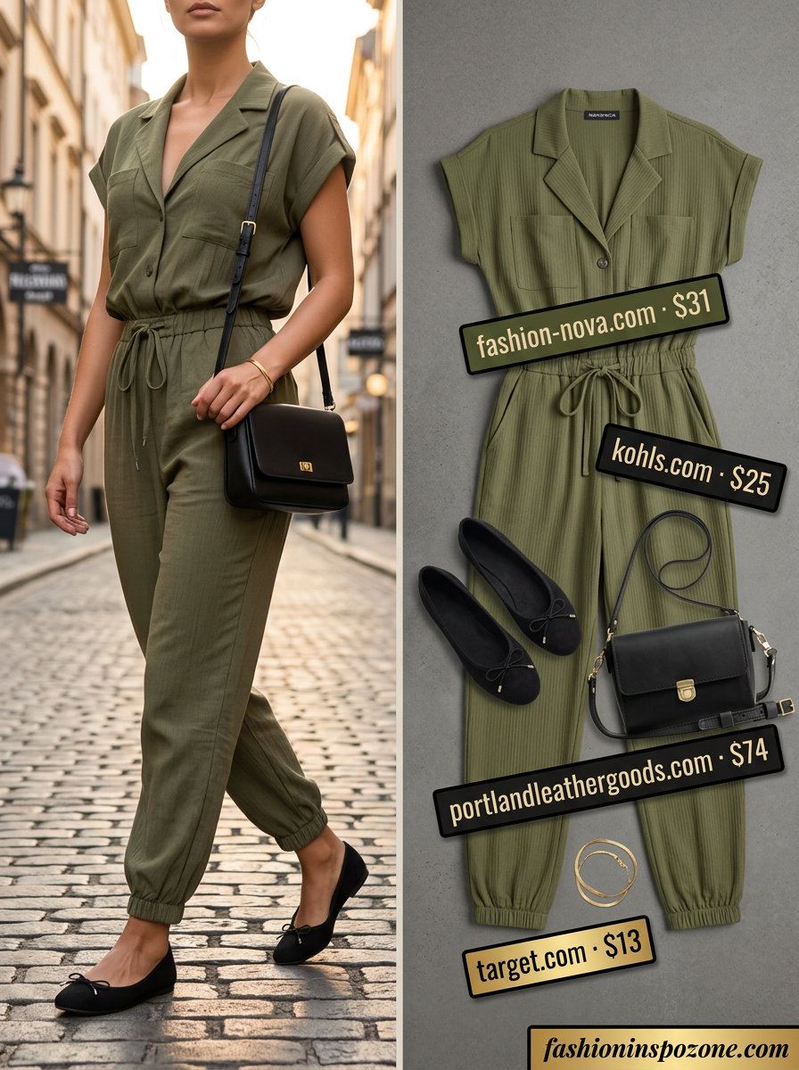 What to Wear with Kitten Heels Summer 2026: Olive green utility jumpsuit, gold bracelet, crossbody bag.