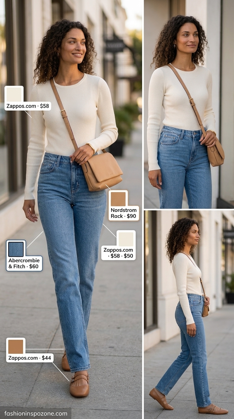 Weekend casual outfit with straight-leg jeans, cream sweater, and kitten heels. What to Wear with Kitten Heels Summer 2026.
