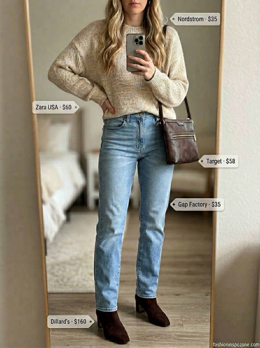 Casual weekend outfit with oatmeal knit sweater, light wash jeans, and brown kitten heel boots. What to wear with kitten heels summer 2026.
