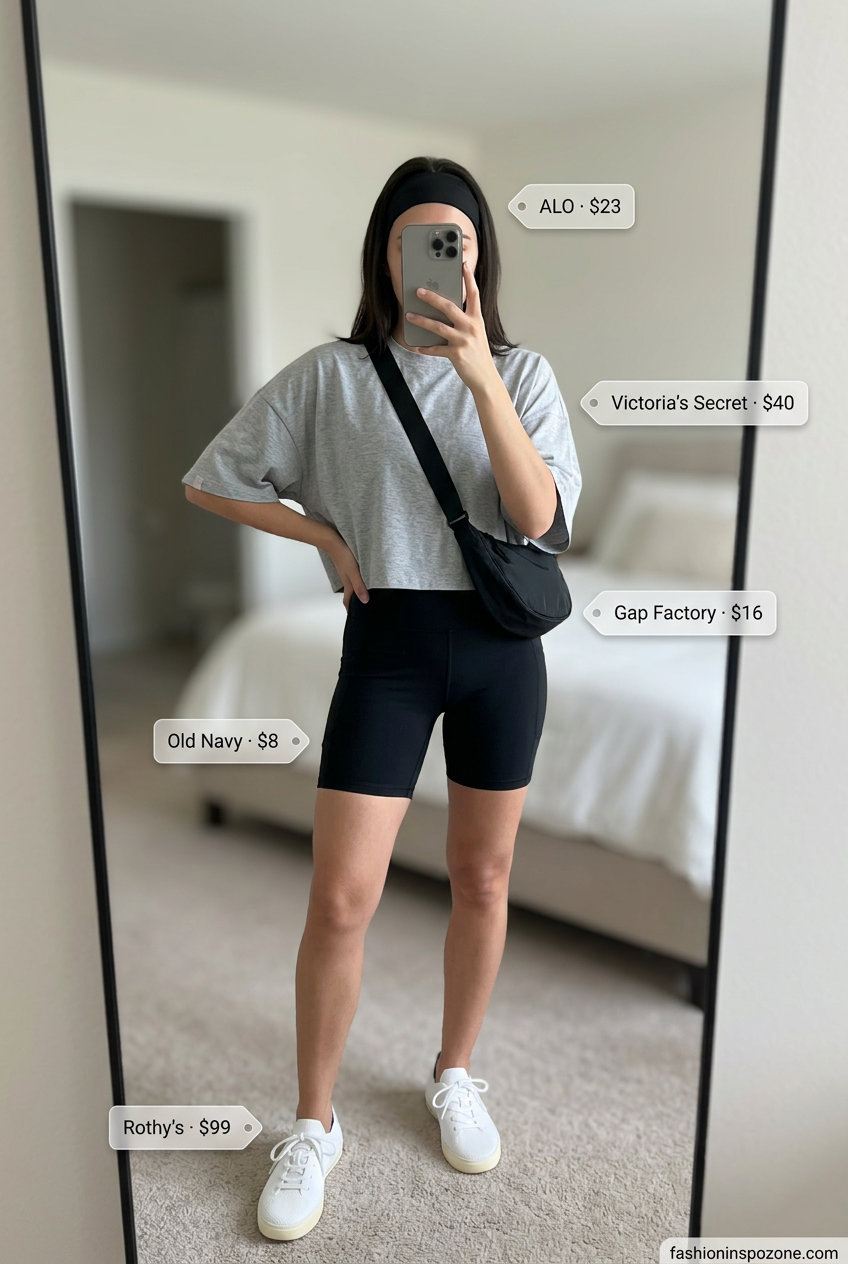 Athleisure outfit: grey oversized tee with biker shorts, athletic sneakers & crossbody bag. What to Wear with Oversized Tee Summer 2026.