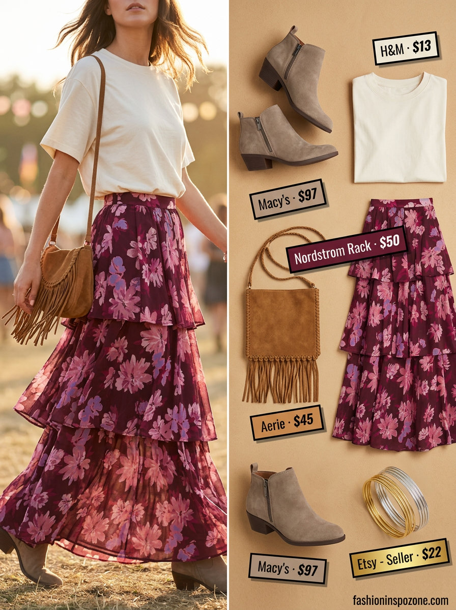Boho summer outfit: cream oversized tee with a floral maxi skirt, suede boots & fringe bag. What to Wear with Oversized Tee Summer 2026.