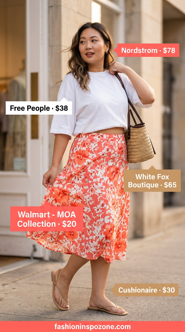 What to Wear with Oversized Tee Summer 2026: White tee, coral floral midi skirt, straw bag, flat sandals for brunch.