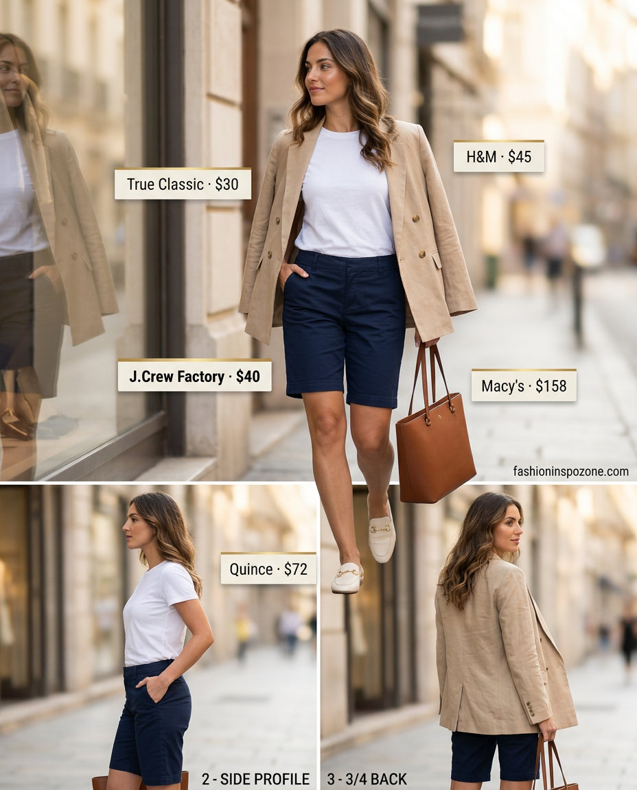 Smart casual outfit: white t-shirt with navy Bermuda shorts, linen blazer & loafers. What to Wear with Oversized Tee Summer 2026.