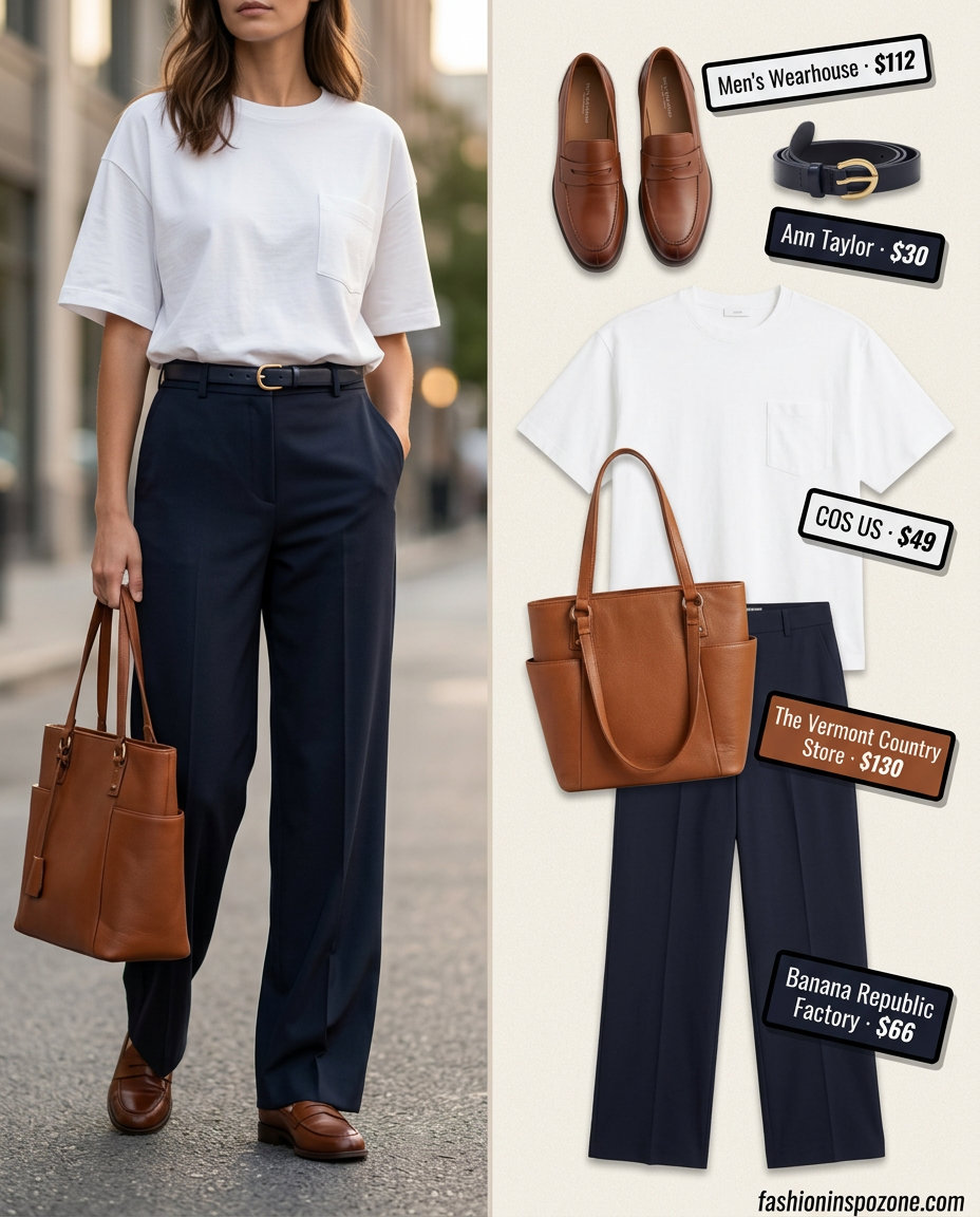 What to Wear with Oversized Tee Summer 2026: White tee, navy wide-leg trousers, tan loafers for chic city style.