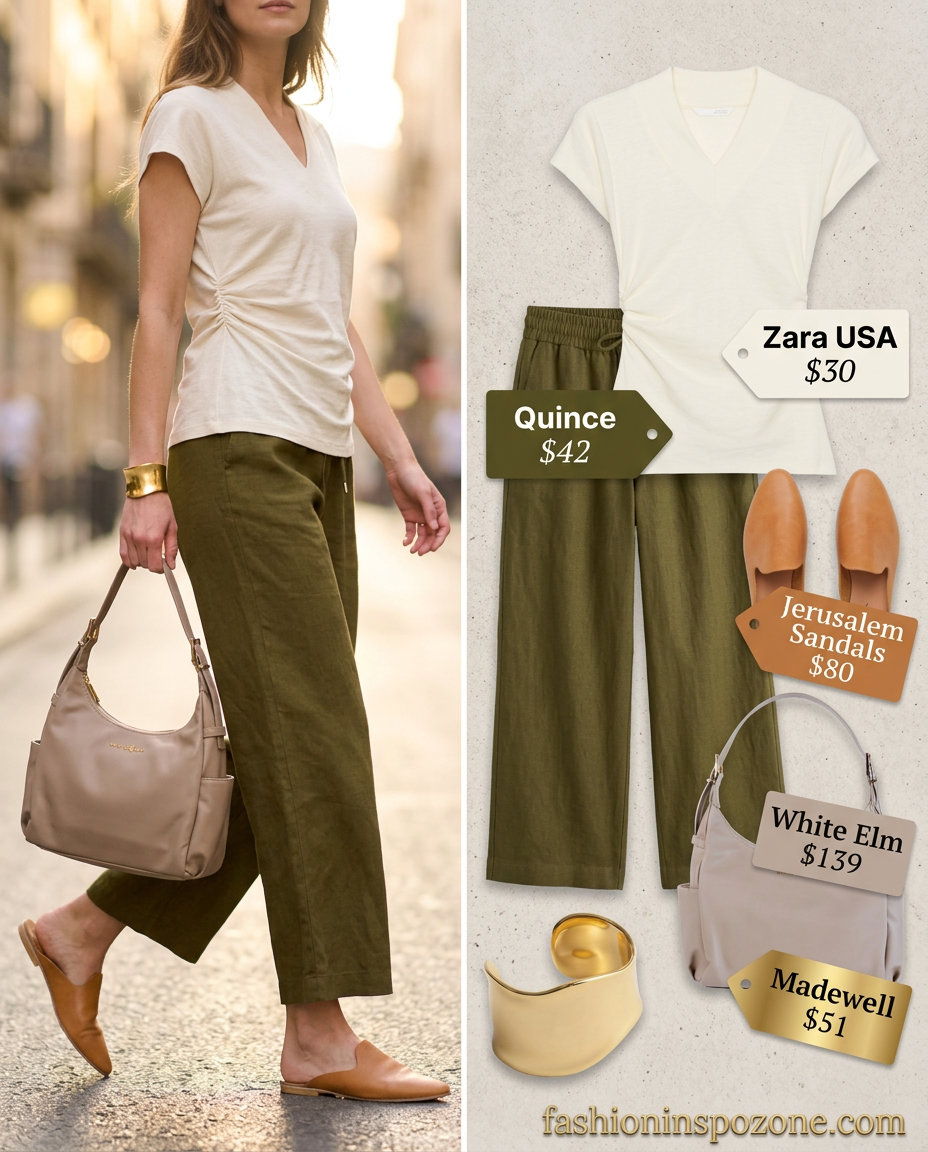 What to Wear with Oversized Tee Summer 2026: Cream linen tee, olive green wide-leg pants, leather mules for travel chic.