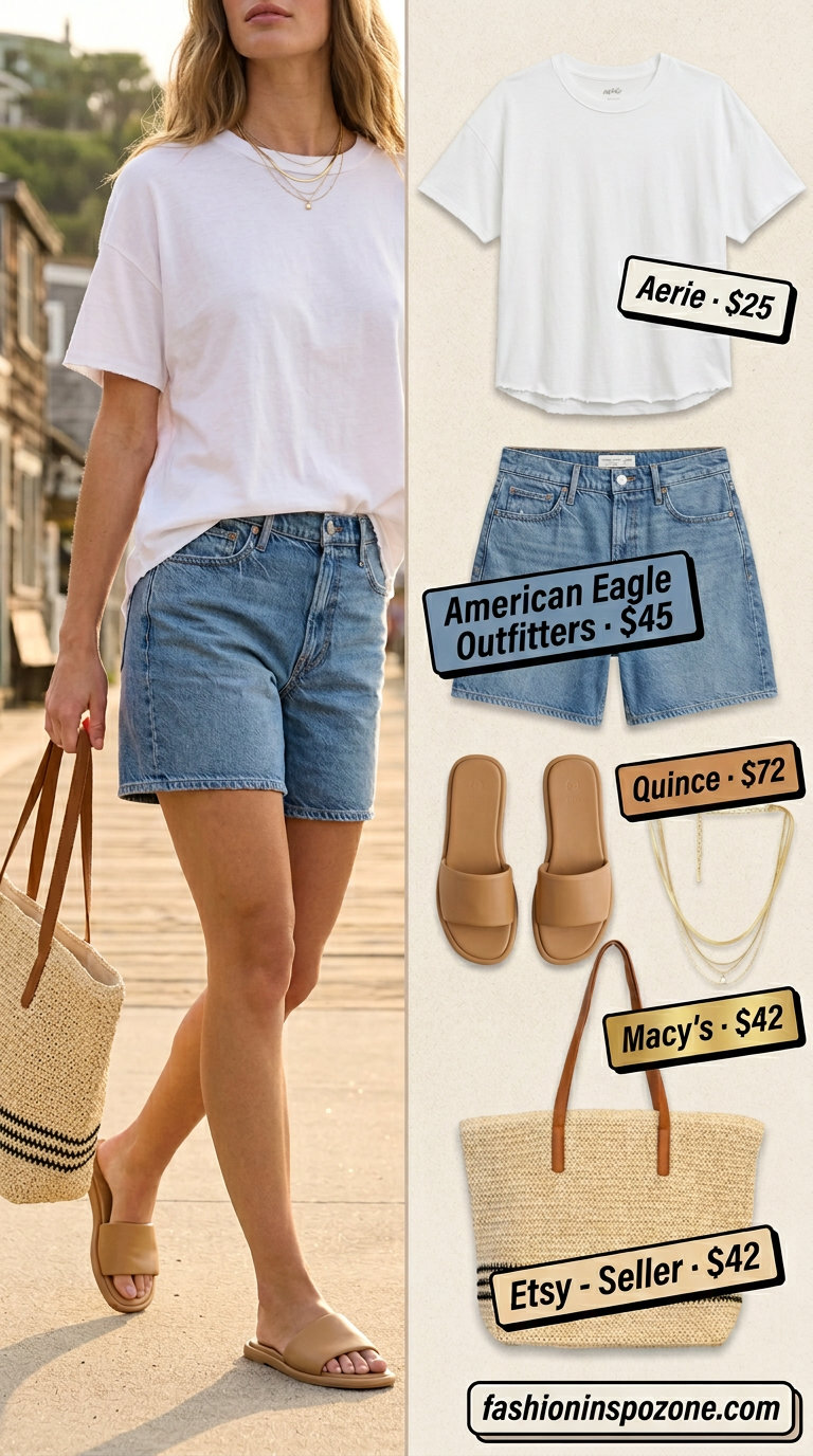 What to Wear with Oversized Tee Summer 2026: White tee, denim shorts, straw tote, slide sandals for coastal vibes.