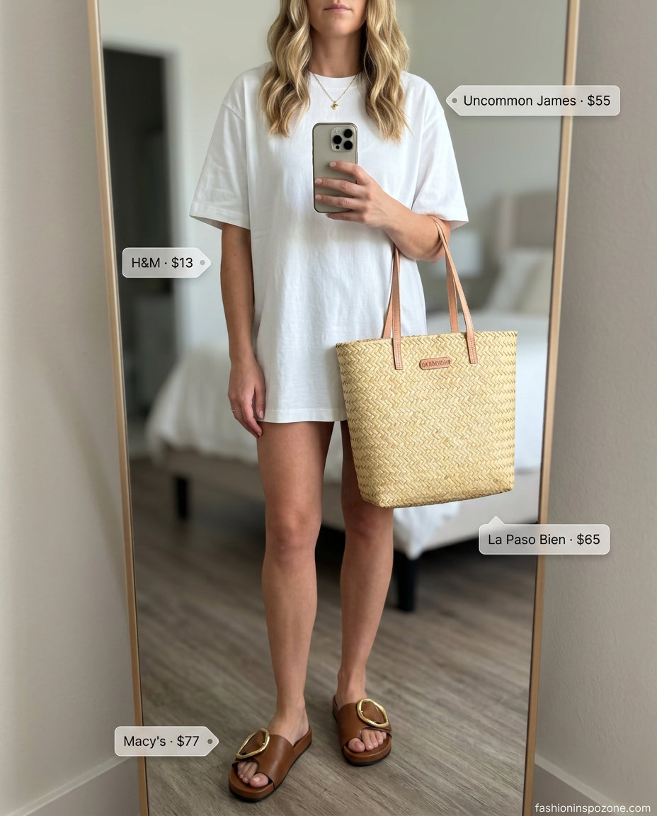 Coastal breeze outfit: white oversized tee with linen pants, straw tote & leather slides. What to Wear with Oversized Tee Summer 2026.