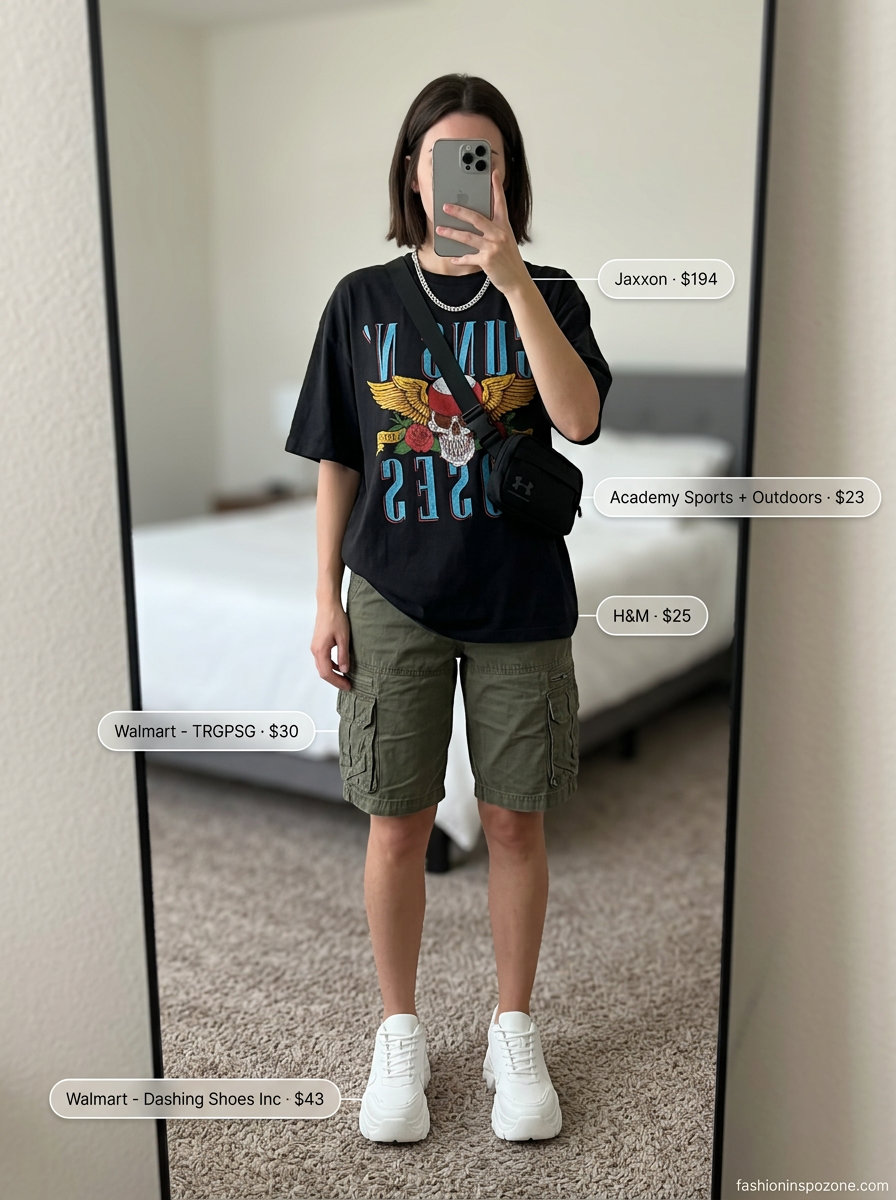 What to Wear with Oversized Tee Summer 2026: Black graphic tee, olive cargo shorts, chunky sneakers for edgy streetwear.
