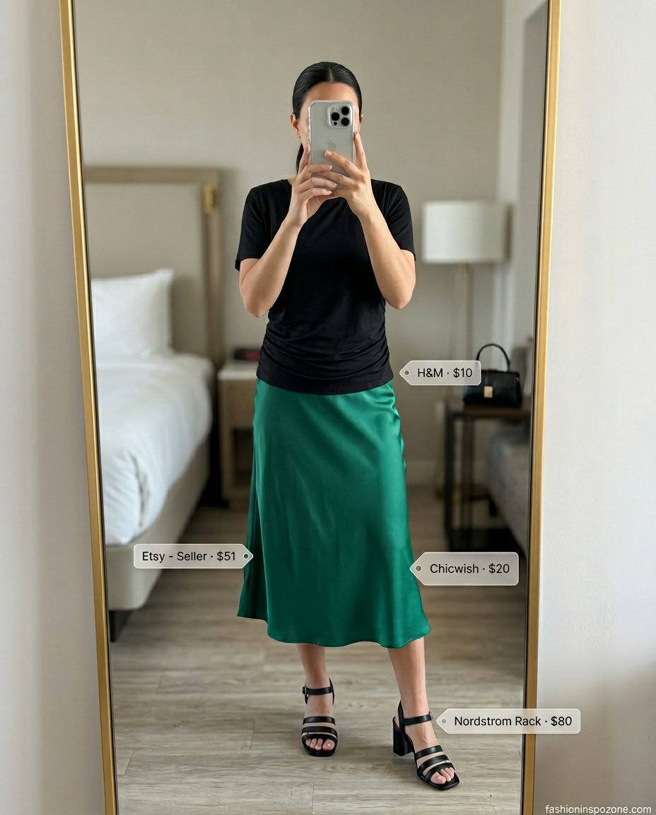 What to Wear with Oversized Tee Summer 2026: Emerald satin midi skirt, black tee, gold earrings, block heels.
