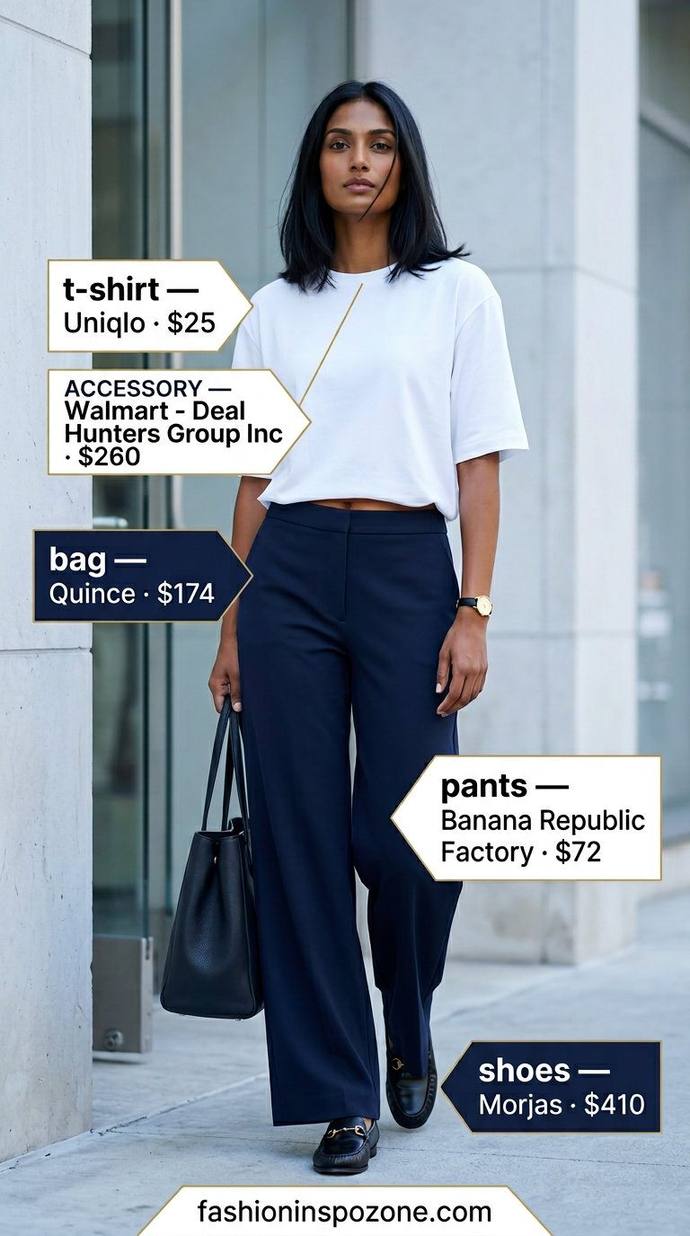 What to Wear with Oversized Tee Summer 2026: White tee, navy wide-leg trousers, leather loafers for smart casual.