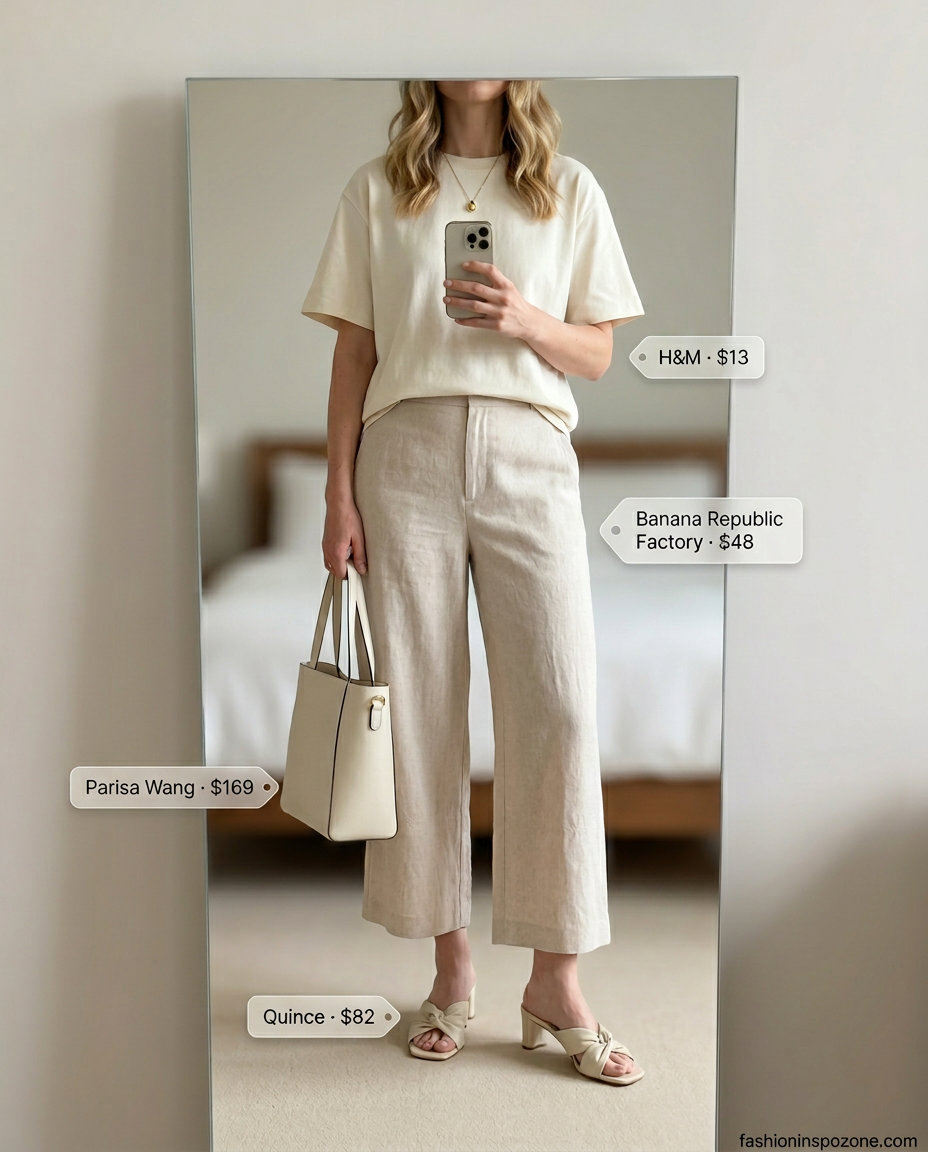 Monochromatic outfit: beige oversized tee with cream linen pants, mules & tote. What to Wear with Oversized Tee Summer 2026.