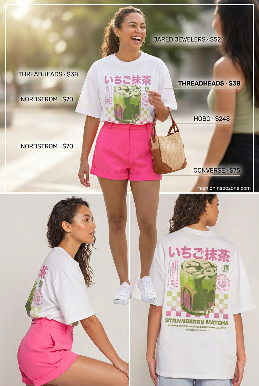 What to Wear with Oversized Tee Summer 2026: White graphic tee, bright pink shorts, sneakers for a playful look.