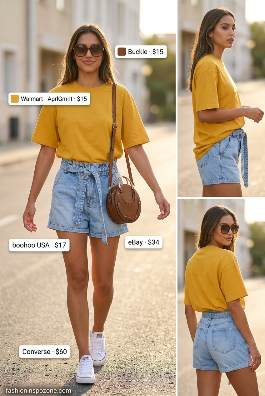 What to Wear with Oversized Tee Summer 2026: Mustard tee, denim paperbag shorts, retro sunglasses for a fun vibe.