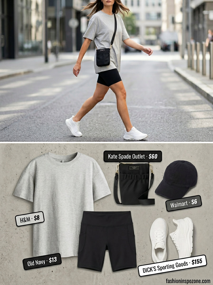 What to Wear with Oversized Tee Summer 2026: Grey athletic tee, black biker shorts, sneakers for a sporty look.